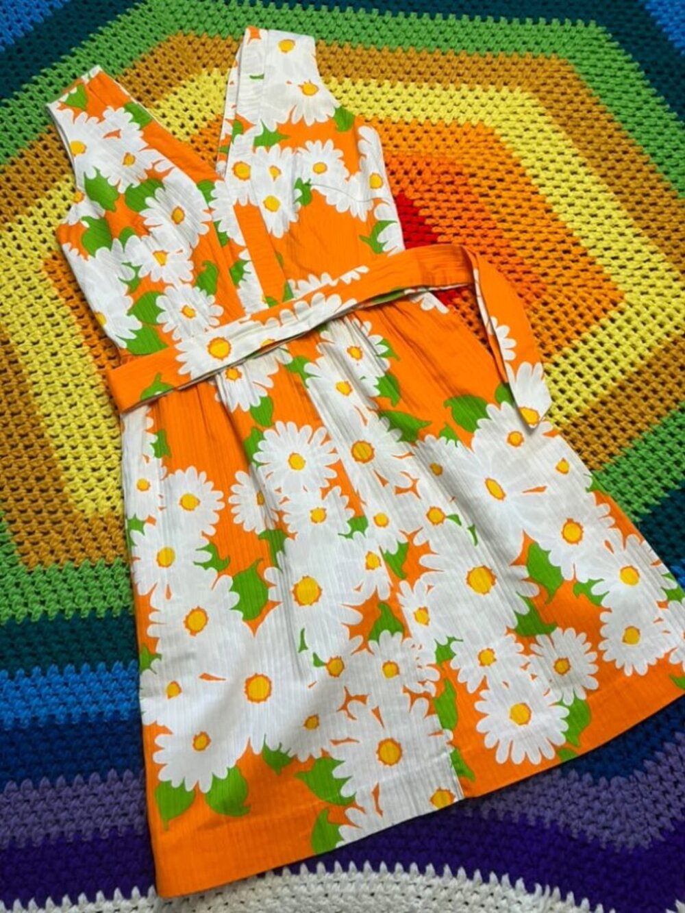 70's Vintage Malia Honolulu Hawaiian Orange White Daisy Mini Midi Sundress Dress